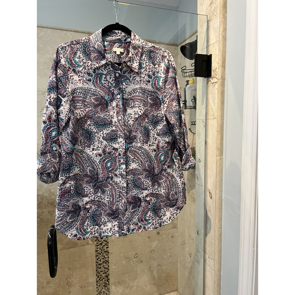 Talbots Paisley Button Front Roll Tab Long Sleeve Shirt Womens Small Multicolor